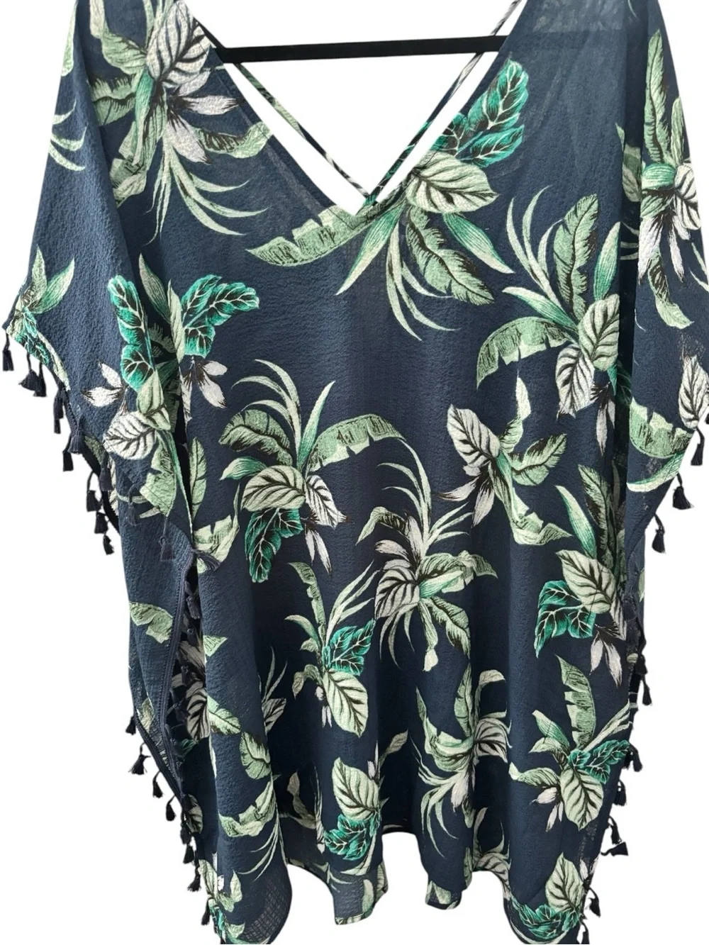 Navy Tropical Leaf V-Neck Swim Coverup with Tassel Trim